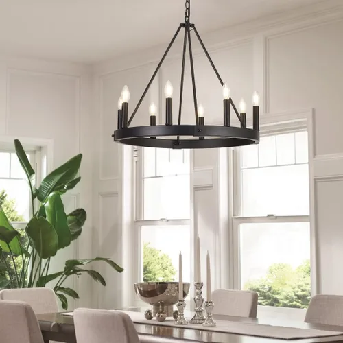 Vista 8 de Candelabro de 8 luces con rueda de carro, de 24 pulgadas, color negro, redondo, para comedor, moderna e industrial, isla de cocina, lámparas