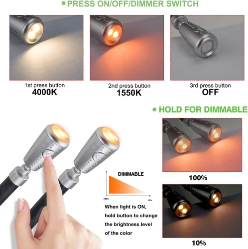 Vista 3 de Luz LED de lectura para el cuello, recargable 8 LED 2 modos, cabeza oscilante de brazos flexibles, luz ámbar ajustable de brillo para leer, acampar