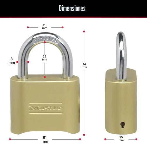 Vista 6 de Master Lock Candado de combinación de latón para uso en interiores y exteriores con combinación reajustable para casillero de gimnasio, puerta