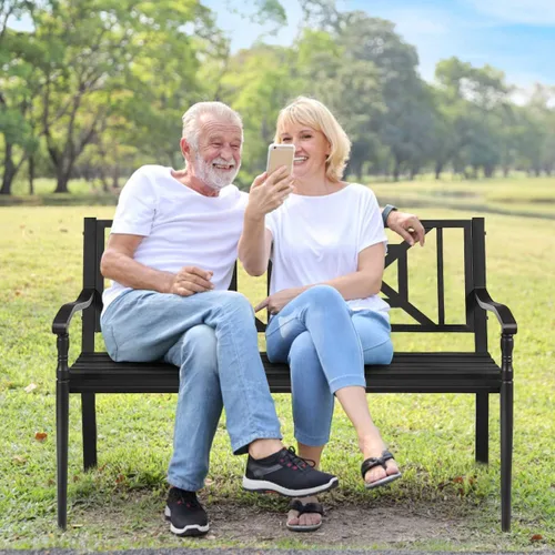 Vista 2 de S AFSTAR Banco de jardín al aire libre, asiento de metal para porche con asiento y respaldo decorativo, sofá biplaza para 2 personas para patio