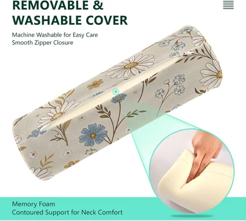 Vista 4 de Blue and White Flowers Cervical Roll Pillow, 17" Neck Support Bolster Pillow, Round Pillow for Sleeping Support and Pain Relief, with Removable