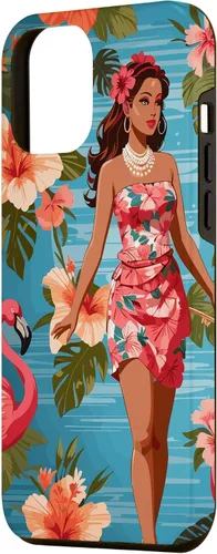 Vista 2 de iPhone 12 Pro Max Vintage Tiki Design - Funda hawaiana retro de flores hula y flamencos