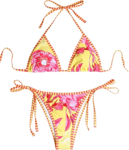 Vista 22 de ZAFUL Bikinis triangulares estampados para mujer, 2 piezas, bikini halter, traje de baño de corte alto, traje de baño con lazo lateral 0-negro a