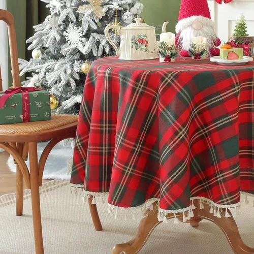 Vista 19 de Laolitou Mantel redondo a cuadros verde, de lino y algodón, con borla, a cuadros de búfalo, lavable, mantel de gingham para sala de estar