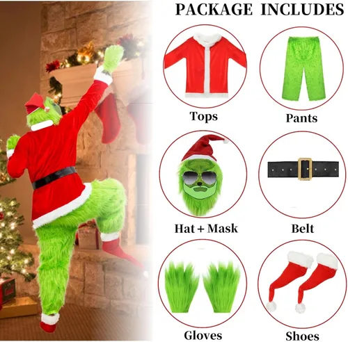 Vista 5 de ALYSSE Trajes de Papá Noel peludo verde para adultos, 7 piezas de disfraz de Papá Noel de lujo para hombres, cosplay de Navidad, incluye máscara