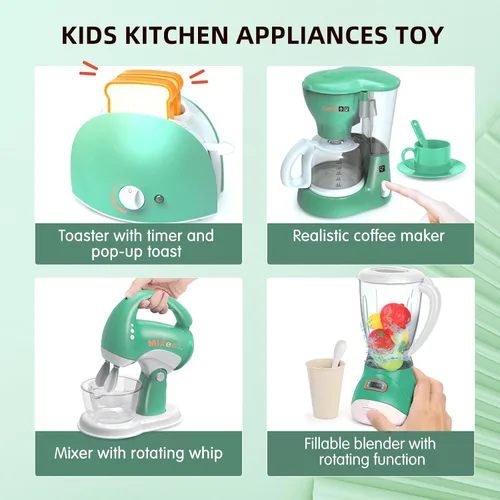 Vista 9 de Yalujumb Juego de juguetes de cocina, juego de electrodomésticos de cocina con cafetera, mezclador, tostadora con luces y sonidos realistas, regalo