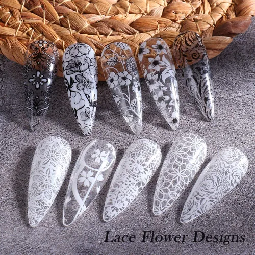 Vista 6 de Calcomanías de transferencia de papel de aluminio de encaje para decoración de uñas, calcomanías de transferencia de flores blancas y negras