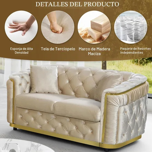 Vista 4 de Sofá Chesterfield de terciopelo de 62.5 pulgadas con respaldo copetudo y detalles dorados, beige Blanco