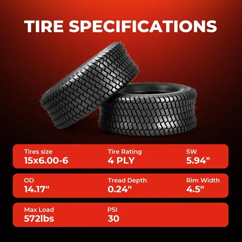 Vista 3 de 15x6.00-6 Neumáticos para cortacéspedes (Juego de 2), Neumáticos sin cámara de 4 capas con patrón S para césped, 15x6x6 para cortacésped, tractor