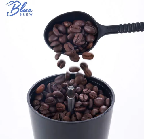 Vista 4 de Blue Brew Molinillo de café manual, molinillo de café manual con rebabas de cerámica y 15 grosores ajustables, 2 tarros de vidrio herméticos