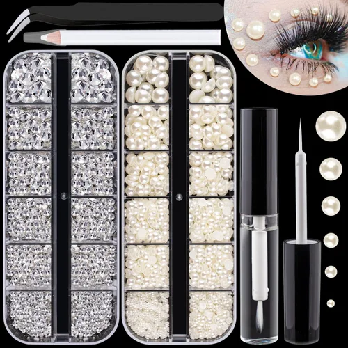 Vista 8 de Kit de diamantes de imitación y perlas con parte trasera plana, cristal redondo AB y gemas blancas transparentes+perlas blancas y beige