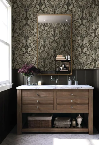 Vista 3 de NextWall Harry & Grace Thornton - Papel tapiz de damasco vintage (lado del cliffside)