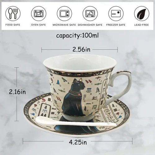 Vista 3 de Juego de tazas y platillos de café expreso de cerámica dorada egipcia, taza Demitasse de 3.4 oz/3.4 fl oz, regalo de porcelana para cumpleaños