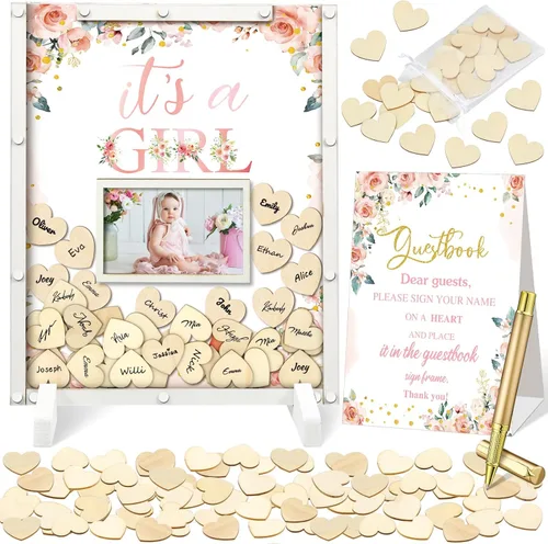Vista 10 de Beeveer 65 piezas de libro de invitados para baby shower, libro de invitados azul para baby shower, libro de invitados con marco de fotos y 60 chips