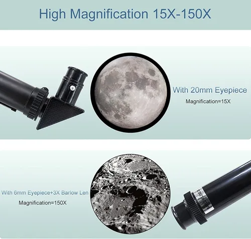 Vista 3 de Telescopio para adultos y niños, refractor de apertura de 2.756 in (15X-150X), telescopio de viaje portátil con adaptador de teléfono y control Negro