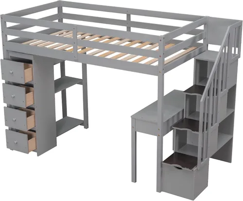 Vista 5 de DEINPPA Cama tipo loft de tamaño individual con escritorio integrado y 5 cajones de almacenamiento, cama alta de madera con escaleras de Gris