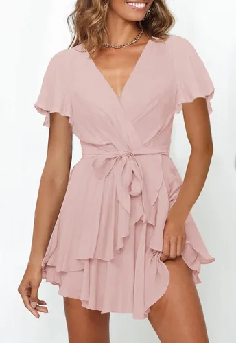 Vista 5 de Ferlema Vestido corto de verano para mujer, cuello en V, manga corta, lazo en la cintura, casual, acampanado, con vuelo