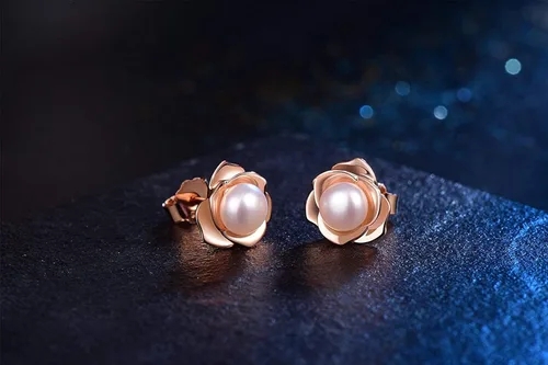 Vista 4 de JORA Aretes de oro rosa y plata esterlina con perla en flor negra, para mujer