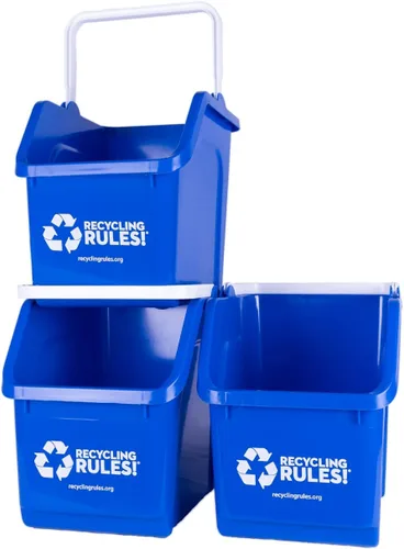 Vista 8 de ¡Reglas de reciclaje! Contenedor de papelera de reciclaje apilable de 6 galones en azul, reciclador práctico libre de BPA ecológico con asa, paquete
