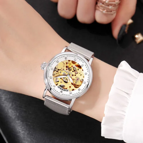 Vista 4 de RORIOS Reloj mecánico automático de las mujeres Auto-Winding Esqueleto Dial Correa de acero inoxidable Señoras Relojes de pulsera