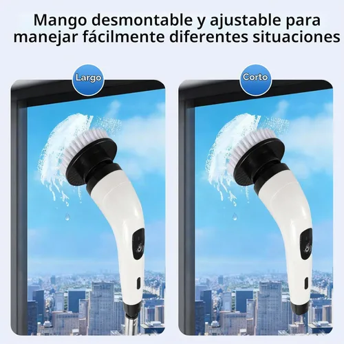 Vista 2 de Limpiador eléctrico recargable giratorio, limpiador eléctrico impermeable con 7 cabezales de cepillo, 1 escobilla de ventana, mango largo ajustable
