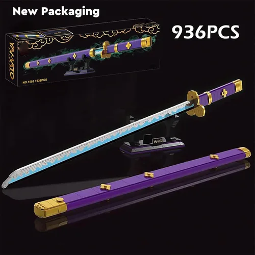 Vista 4 de HIGH GODO Juego de construcción de espadas para cosplay de anime, 936 piezas, una espada Enma Zoro morada de 38.8 pulgadas con vaina y soporte