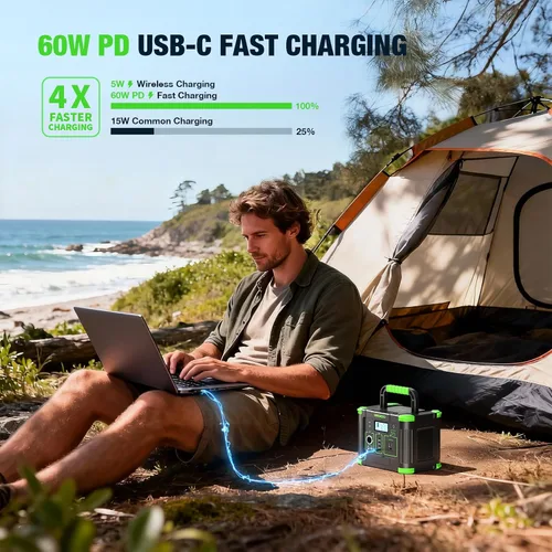 Vista 3 de GRECELL- Central eléctrica portátil 300 W, generador solar 288 Wh c/salida USB-C PD 60 W, salida CA de onda sinusoidal pura 110 V, batería de litio