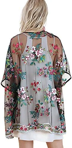 Vista 5 de Umgee Kimono de malla transparente bordado floral para mujer