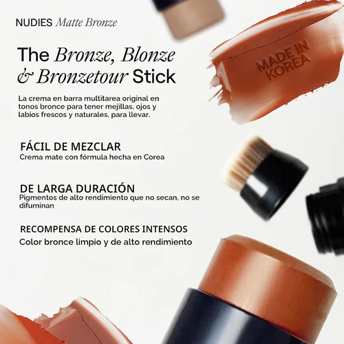 Vista 5 de Nudestix Nudies Bronze All Over Matte Bronzing Stick – 3-in-1 Cream Bronzer for Cheeks, Eyes & Lips with Built-In Brush Natural Contour & beach