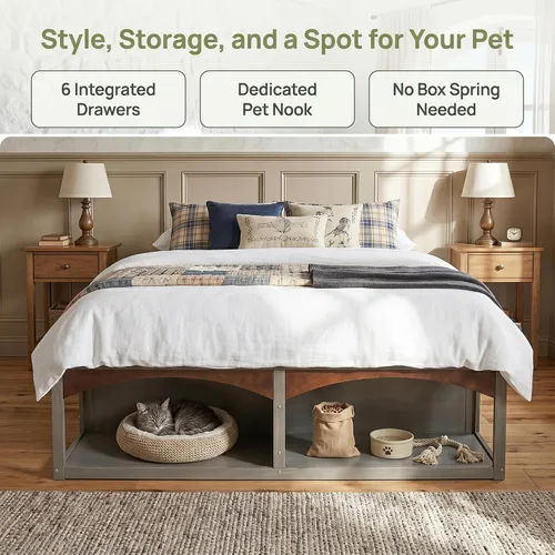 Vista 3 de Polibi Cama de plataforma King con 6 cajones, diseño apto para mascotas Gris (Antique Gray)