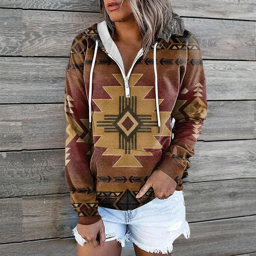 Vista 2 de Sudadera con capucha azteca para mujer, estilo étnico occidental, con estampado geométrico, cordón ajustable, casual, holgada, con bolsillos, Oro