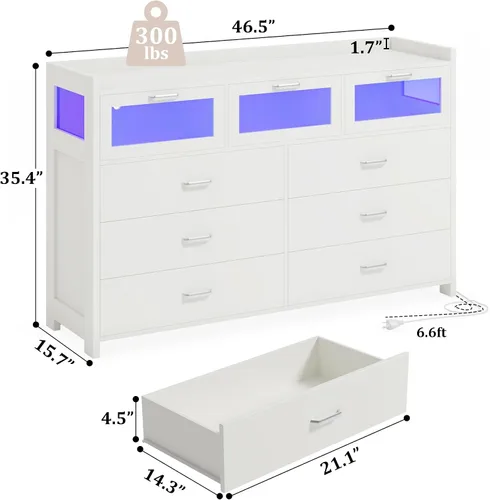 Vista 2 de Whalefall Cómoda blanca para dormitorio con 9 cajones, cómoda con luces LED y estación de carga, cómoda moderna con 3 cajones visuales, cómoda LED