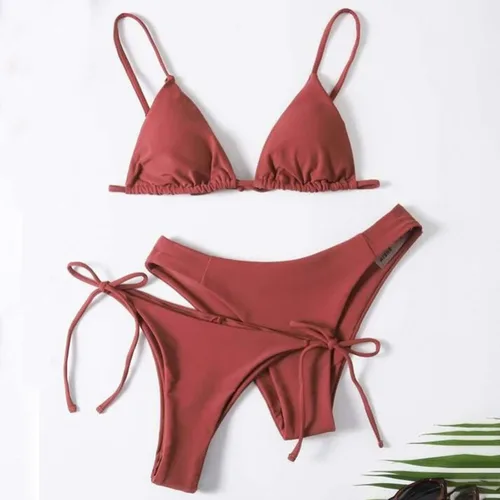 Vista 2 de Bikini sexy de verano para mujer con espalda descubierta con cordones y cintura ajustable de tres piezas