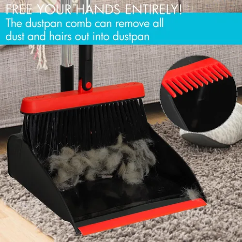 Vista 6 de Juego de 2 escobas y recogedor con mango largo de 48 pulgadas, color negro Stand Up Dustpan with Self-Cleaning Teeth and Long Handle Broom Set for