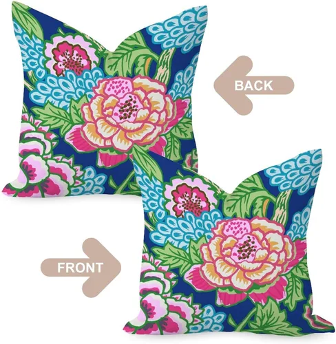 Vista 2 de Juego de 2 almohadas coloridas de estilo chinoiserie, color rosa intenso, azul real, peonía, floral, blanco, lino, estilo chinoiserie, para sofá