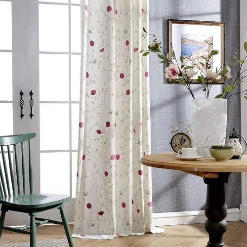Vista 20 de VOGOL - Cortinas de 2 paneles con ramas bordadas de lino sintético con ojales, cortinas para dormitorio/sala de estar, paneles de tratamiento