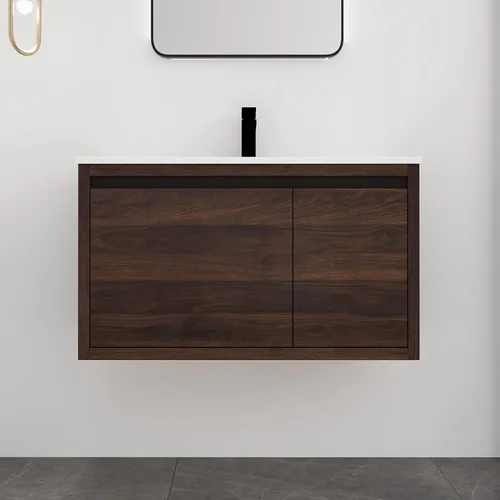 Vista 12 de Juego de tocador de baño de 24 pulgadas con lavabo de gel montado en la pared, diseño moderno, gabinete de montaje de flotador, tocador de baño