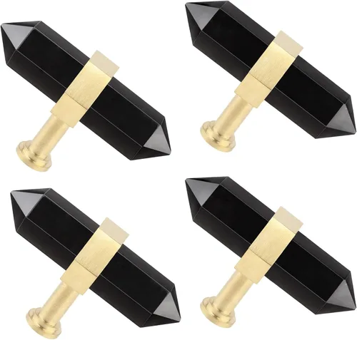 Vista 5 de TUMBEELLUWA Paquete de 2 pomos de cristal de obsidiana negra con tornillos, tiradores hexagonales de latón cepillado para cocina y decoración