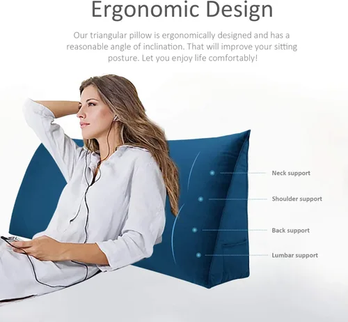 Vista 2 de VERCART Almohada grande de cuña para cama de lectura, cabecera tapizada triangular, respaldo para sentarse en la cama con funda extraíble de Azul