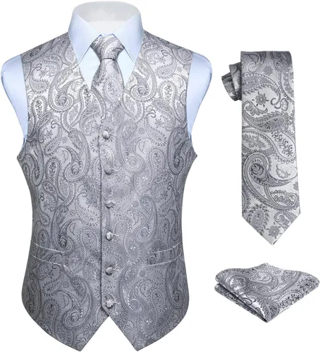 Vista 20 de HISDERN Conjunto de 3 piezas de chaleco formal para hombre, chaleco formal de cachemira floral jacquard corbata bolsillo cuadrado chalecos