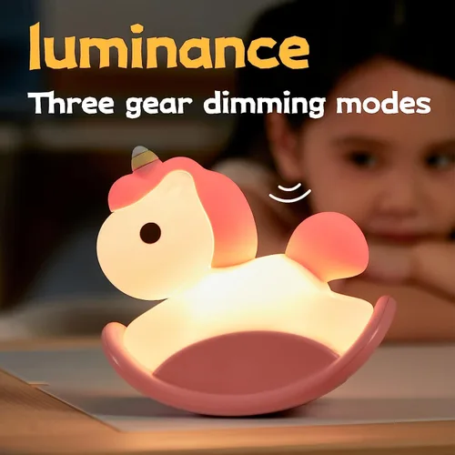 Vista 5 de Luz nocturna para niños, bonita lámpara de noche de unicornios esponjosos, animales kawaii de silicona iluminada para niños y niñas, luz nocturna