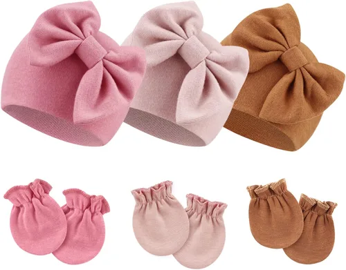 Vista 9 de BQUBO Gorros para Niñas Recién Nacidas Conjunto de Gorro y Manoplas para Bebé Gorros para Infantes con Moño Gorro de Hospital con Manoplas