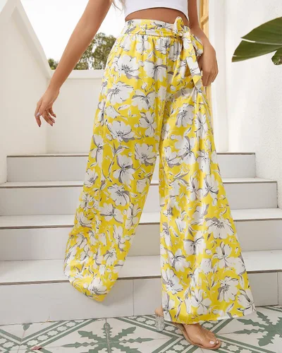 Vista 3 de QIANXIZHAN Pantalones de pierna ancha para mujer, pantalones palazzo de cintura alta, para verano, holgados, casuales, para descansar, trabajar