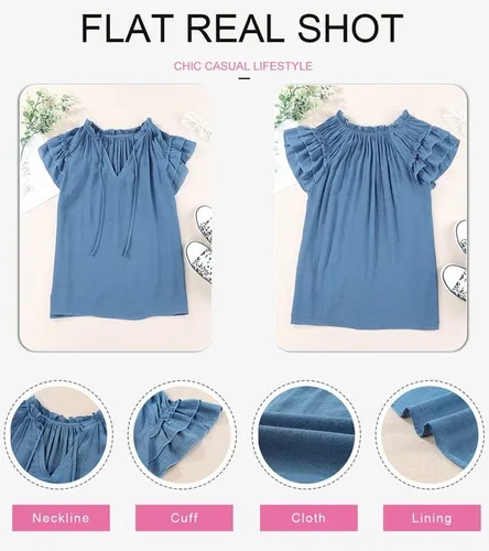 Vista 5 de Dokotto - Blusas informales con cuello en V para mujer, diseño de manga corta, con cordón ajustable