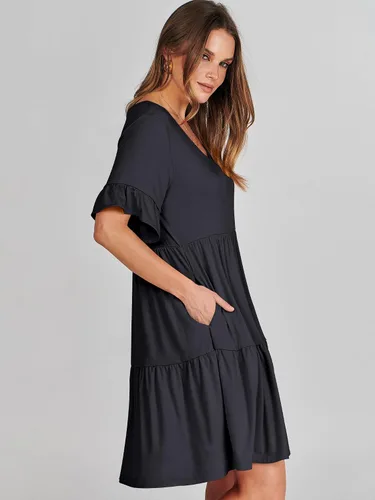 Vista 3 de ANRABESS Vestido de verano para mujer, con cuello en V, manga corta, con volantes, acampanado, escalonado, casual, minivestido de playa con bolsillos