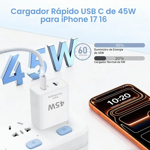 Vista 2 de Cargador súper rápido USB C de 45 W, paquete de 2 bloques de carga dual USB C para iPhone con cable trenzado tipo C a C de 3.3 pies de carga rápida