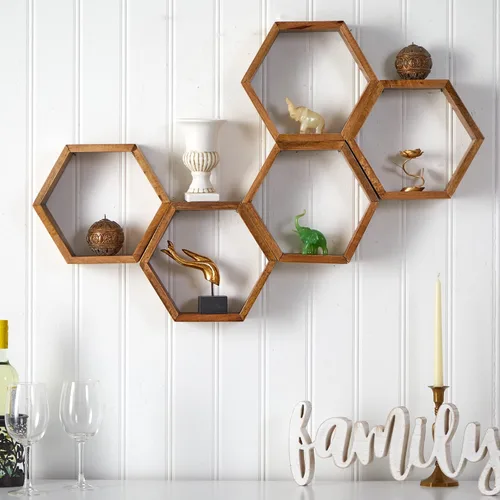 Vista 2 de Nearly Natural Estante flotante de panal hexagonal de madera de 12 pulgadas (juego de 5)