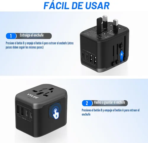 Vista 5 de VYLEE - Adaptador de viaje universal, adaptador de corriente internacional 5 en 1, cargador de pared 3.5A 2xUSB-A y 2 USB C, enchufe esencial