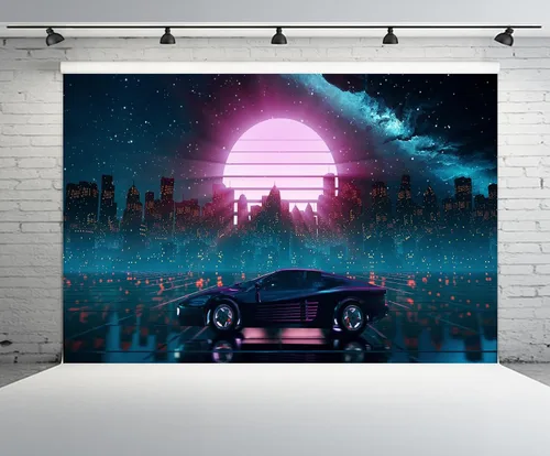 Vista 2 de Telón de fondo de auto Cyberpunk de 5 x 3 pies, diseño retro futurista de Ciudad Cibernética Cibernética Rascacielos Luna Roja Punk, Fondo de coche