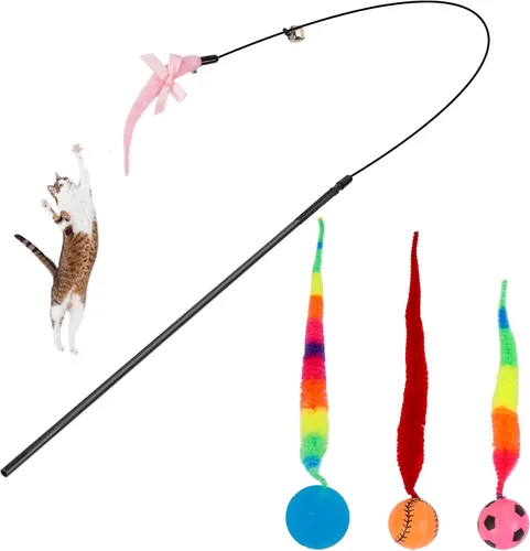 Vista 15 de SHENGSEN Juguete de varita de plumas para gatos, pelota inflable con cola para gatos, gusano mágico con juguete de bola grande y colorida